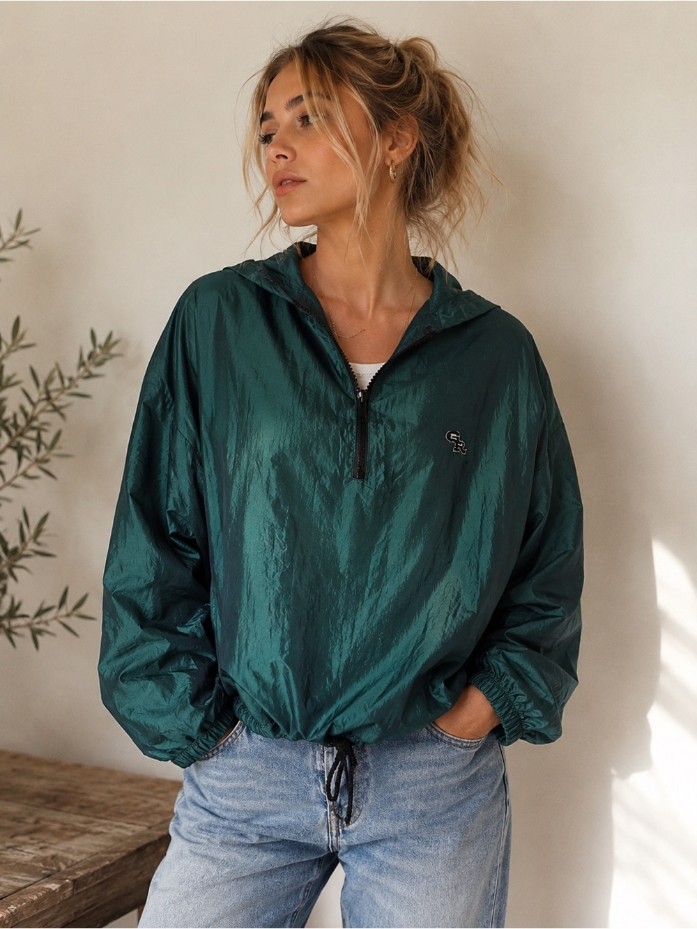 NWT Vintage Girl Rebel Shiny Nylon Half Zip Windbreaker in Emerald Green